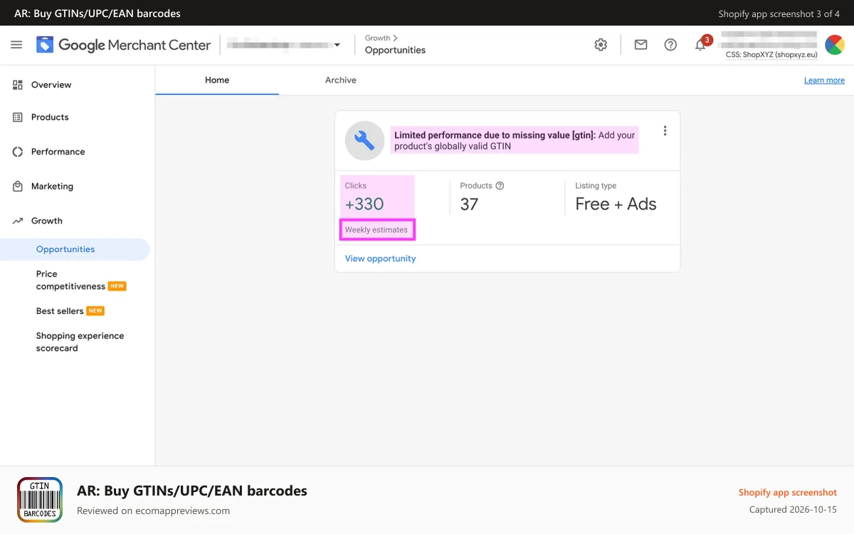 AR: Buy GTINs/UPC/EAN barcodes Shopify app screenshot: Google Merchant shown that GTINs can add 330 clicks per week