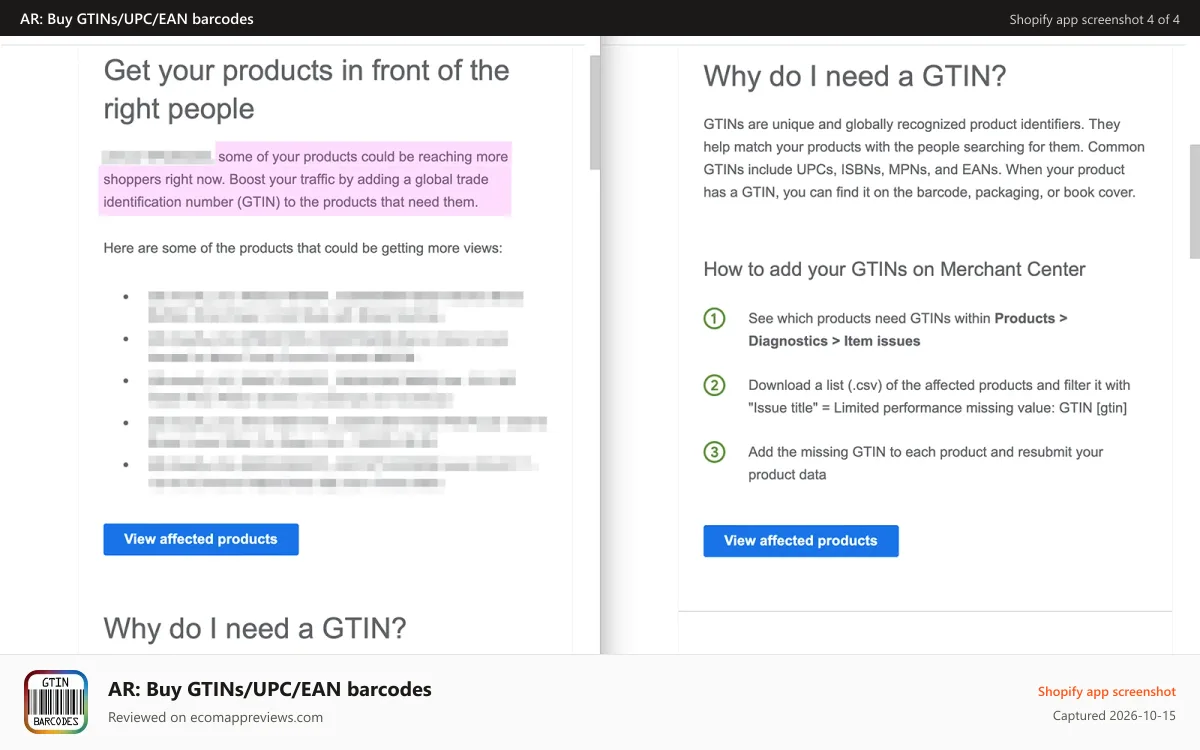 AR: Buy GTINs/UPC/EAN barcodes Shopify app screenshot: Google Merchant sends emails emails about GTINs