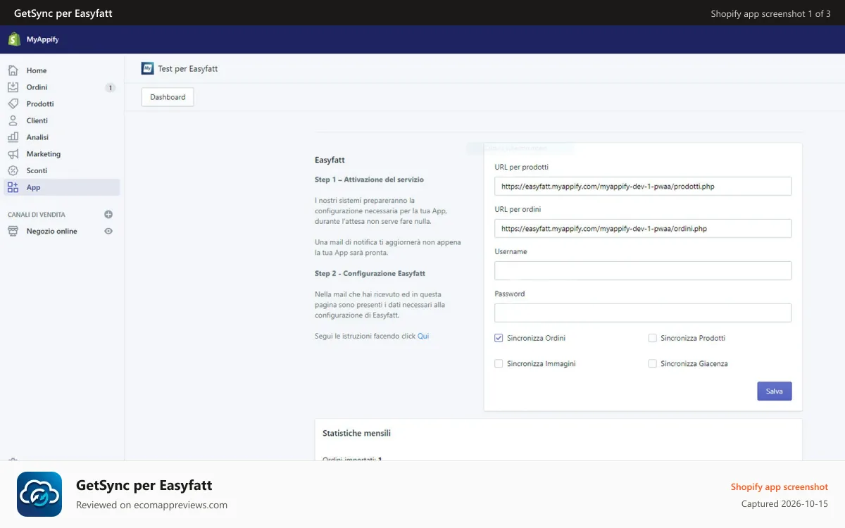 GetSync per Easyfatt Shopify app screenshot: config