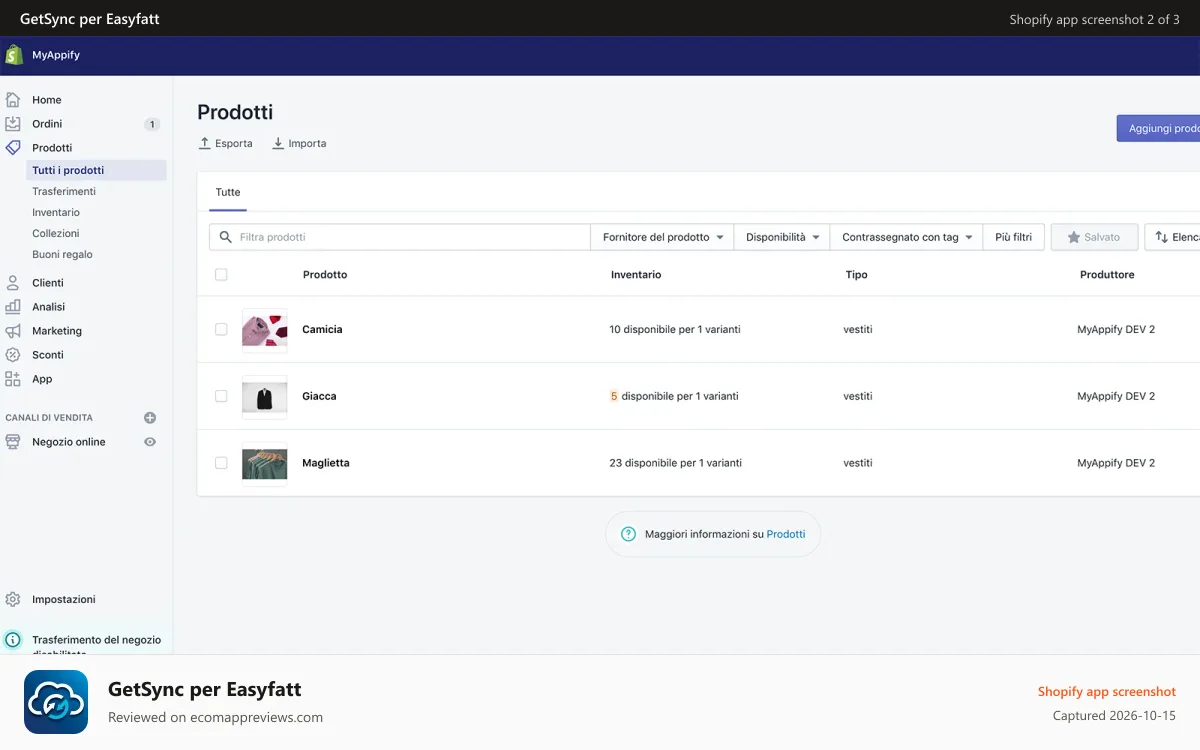 GetSync per Easyfatt Shopify app screenshot: prodotti