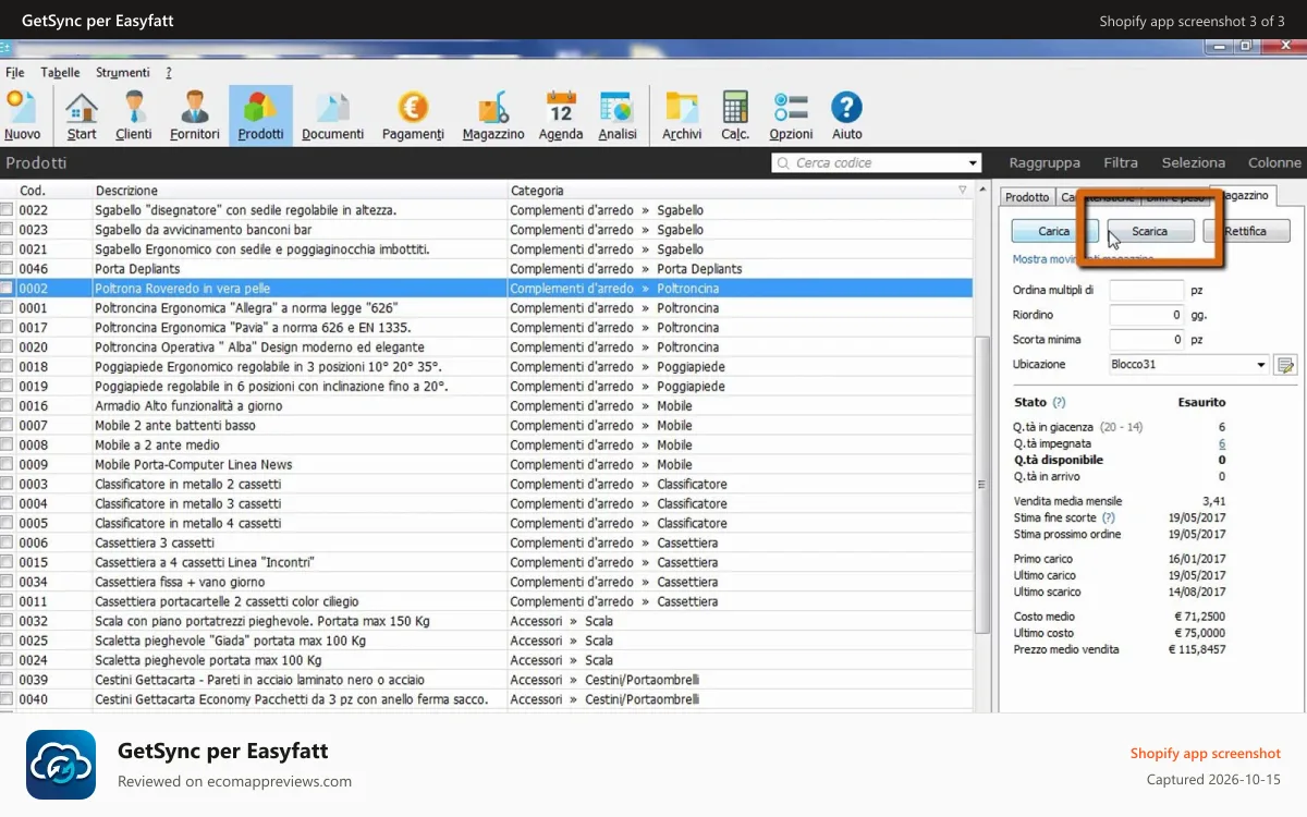 GetSync per Easyfatt Shopify app screenshot: catalogo