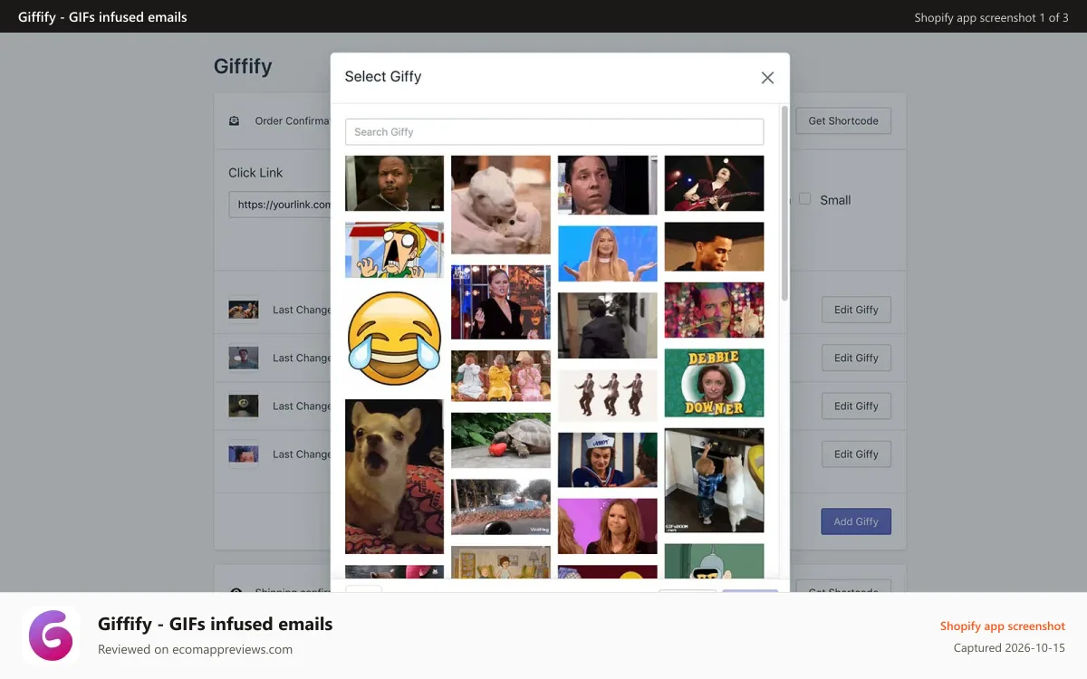 Giffify ‑ GIFs infused emails Shopify app screenshot: Add gifs