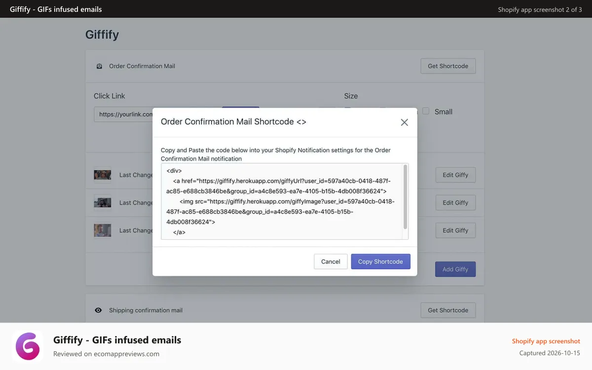 Giffify ‑ GIFs infused emails Shopify app screenshot: Copy past you code