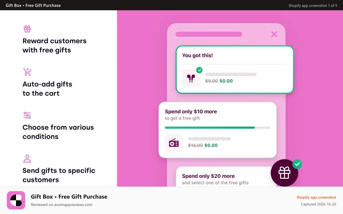 Gift Box • Free Gift Purchase Shopify app screenshot: Gift Box – Offer free gifts or services to reward your customers