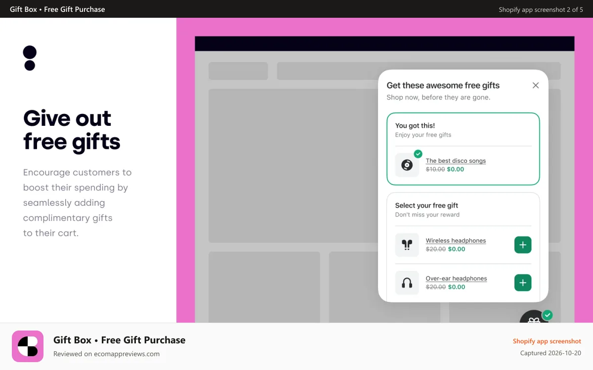 Gift Box • Free Gift Purchase Shopify app screenshot: Motivate your customers to spend more by offering gift incentive