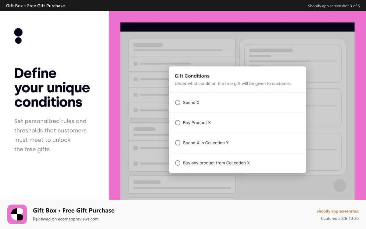 Gift Box • Free Gift Purchase Shopify app screenshot: Define conditions and thresholds customers need to accomplish