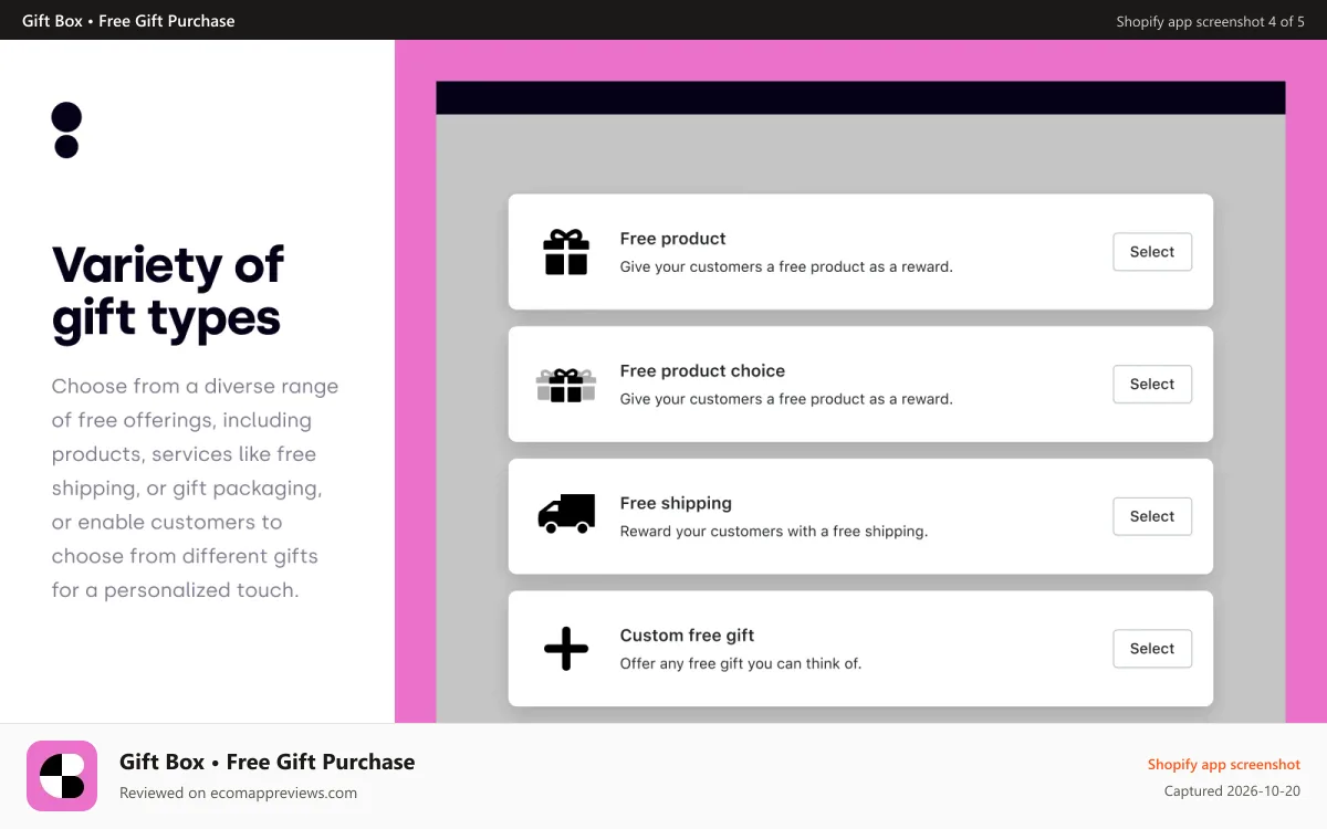 Gift Box • Free Gift Purchase Shopify app screenshot: Give away any free product or services like free shipping
