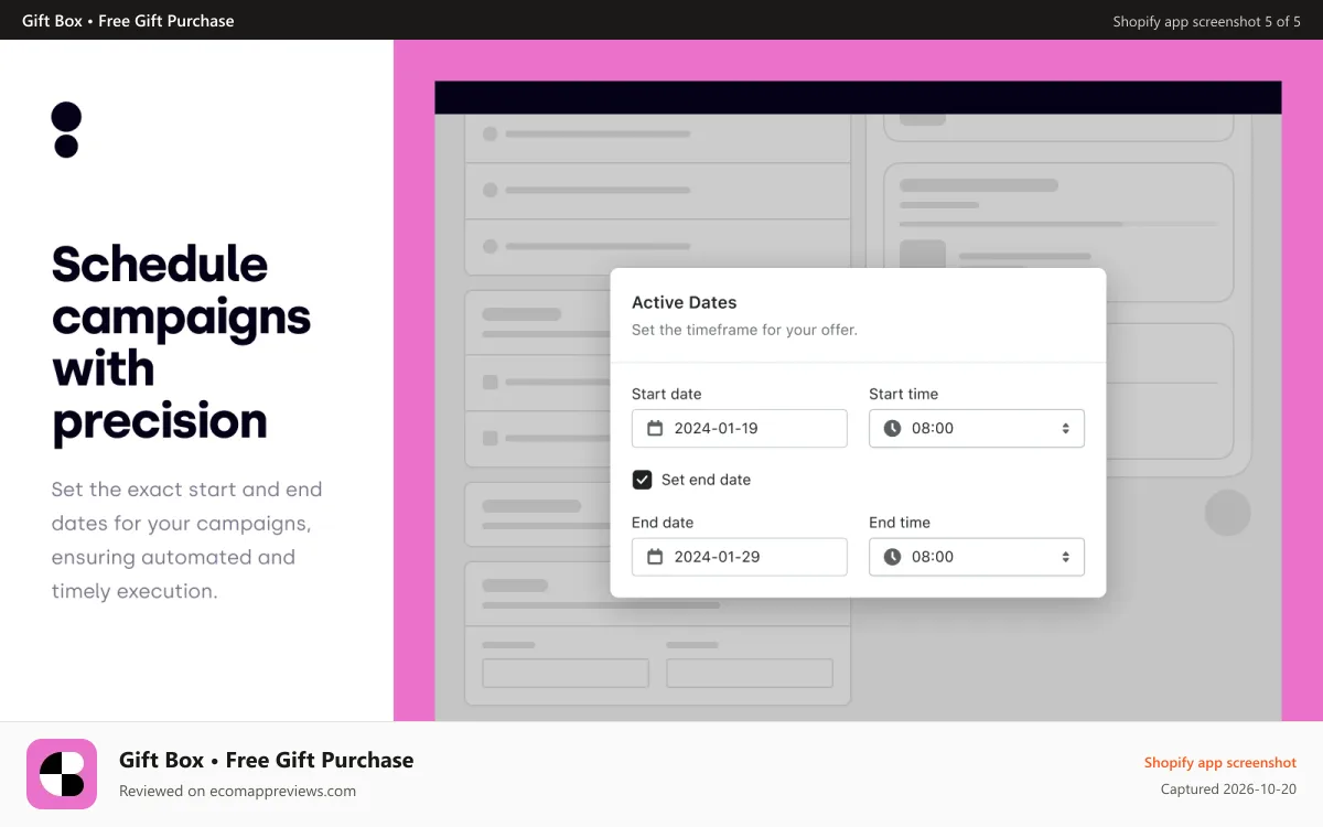 Gift Box • Free Gift Purchase Shopify app screenshot: Schedule the automatic start date and end date of your campaign