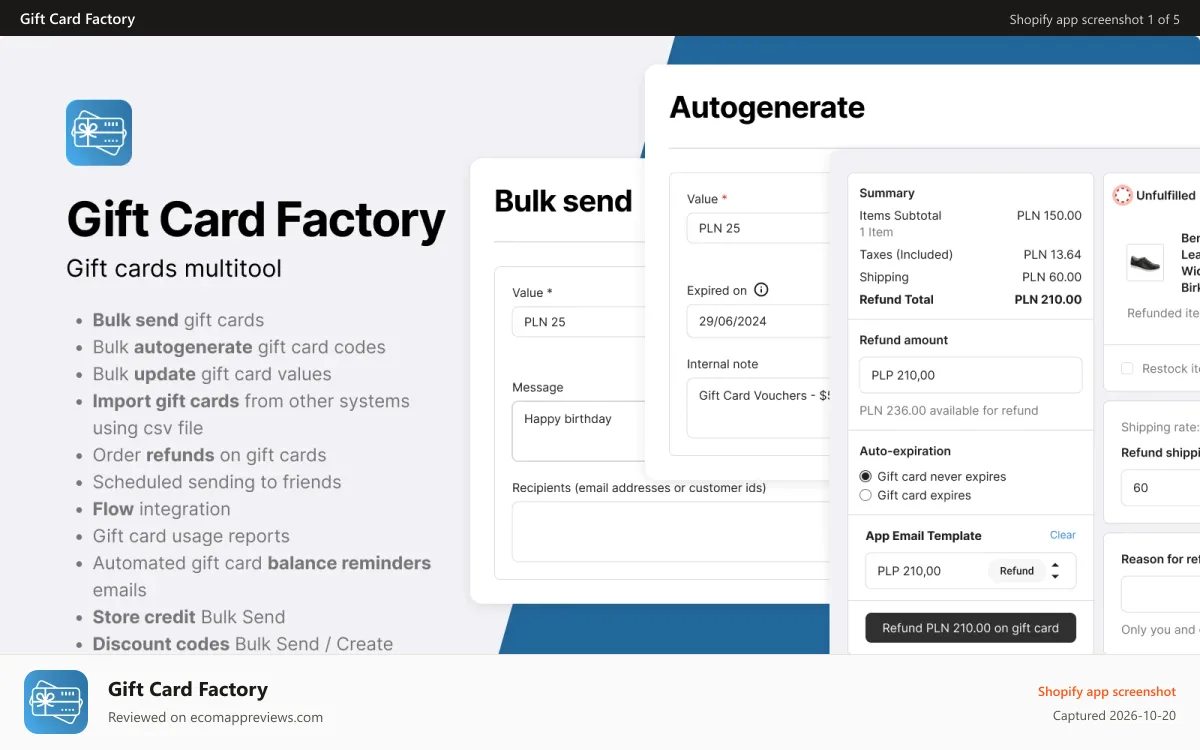 Gift Card Factory Shopify app screenshot: Gift Card Product Page