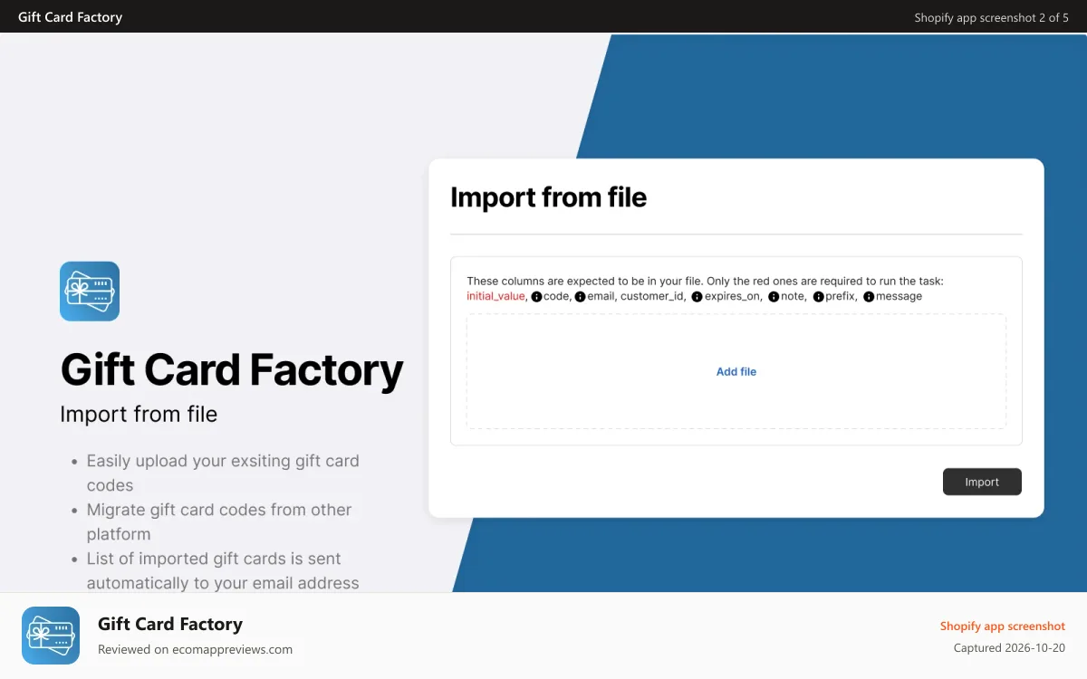 Gift Card Factory Shopify app screenshot: Bulk operations