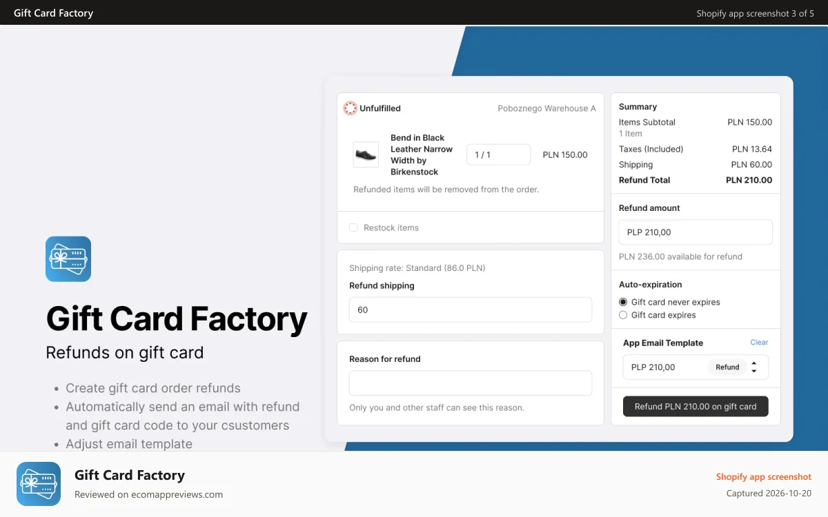 Gift Card Factory Shopify app screenshot: Gift card refunds