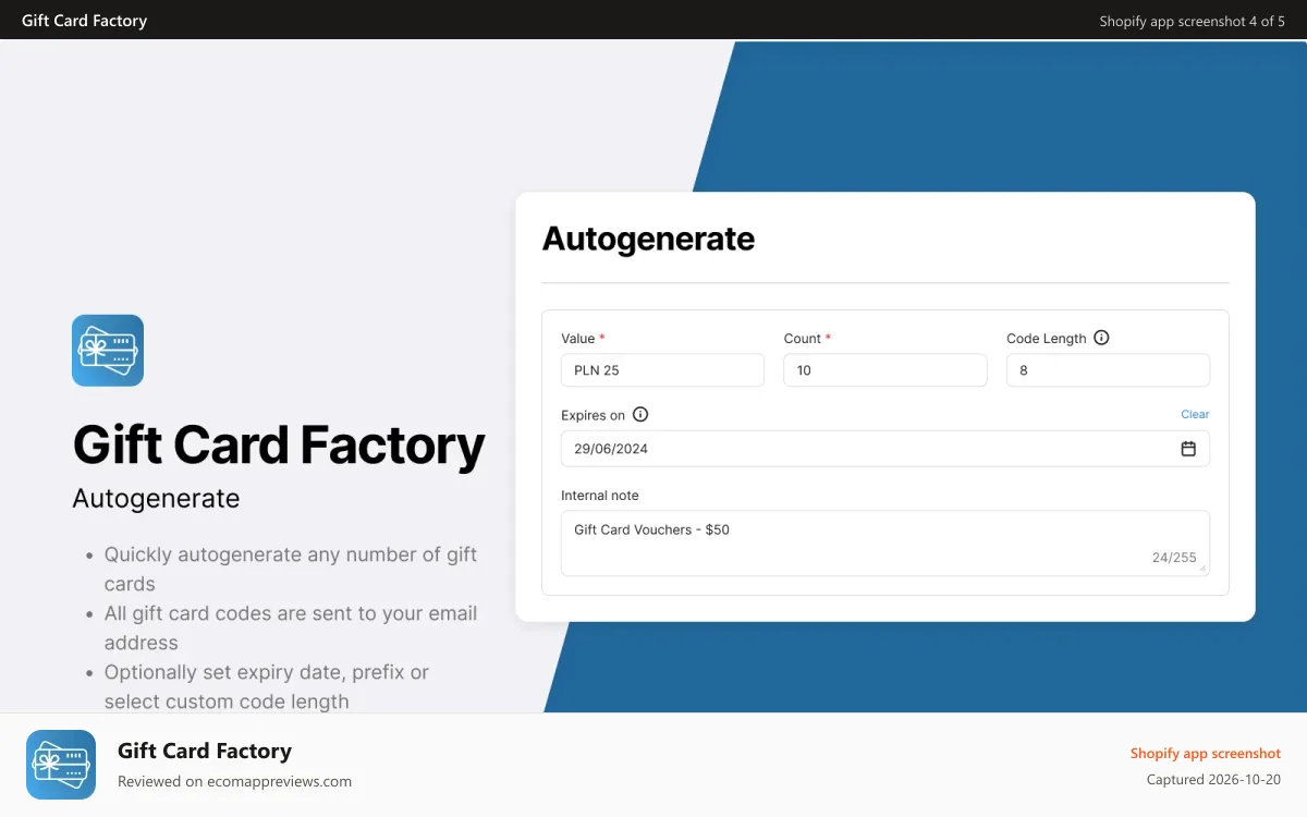 Gift Card Factory Shopify app screenshot: Autogenerate