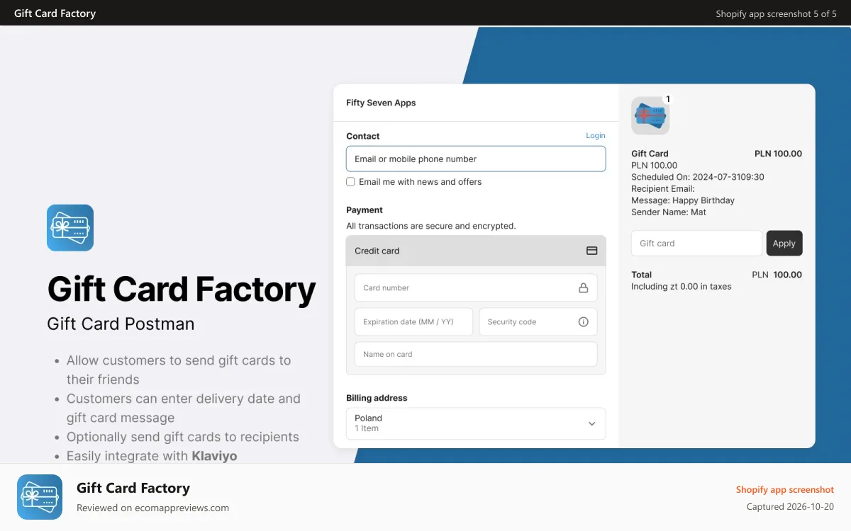 Gift Card Factory Shopify app screenshot: Scheduling