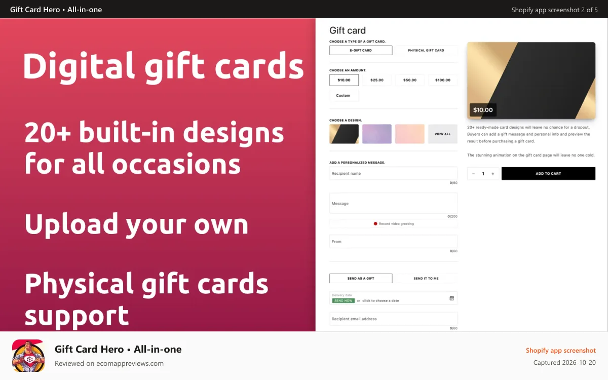Gift Card Hero • All‑in‑one Shopify app screenshot: Custom gifting experience