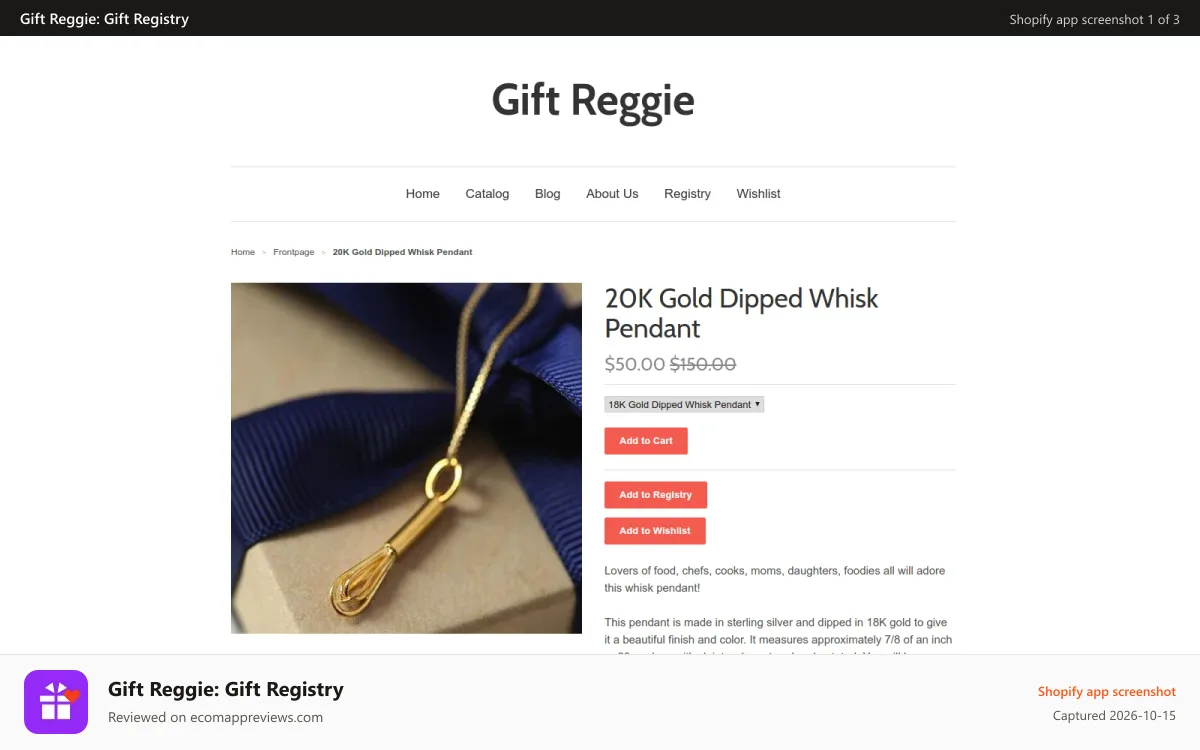 Gift Reggie: Gift Registry Shopify app screenshot: Add to Registry and Add to Wishlist buttons on your product page