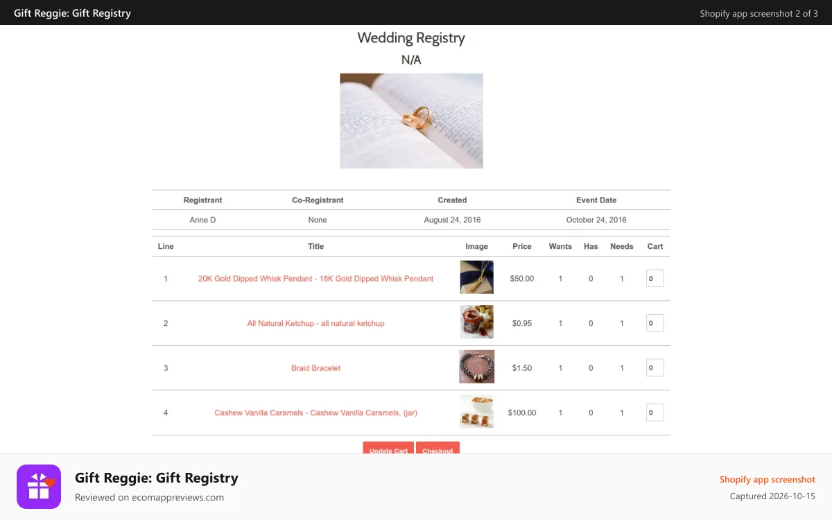 Gift Reggie: Gift Registry Shopify app screenshot: View your registry items in one table
