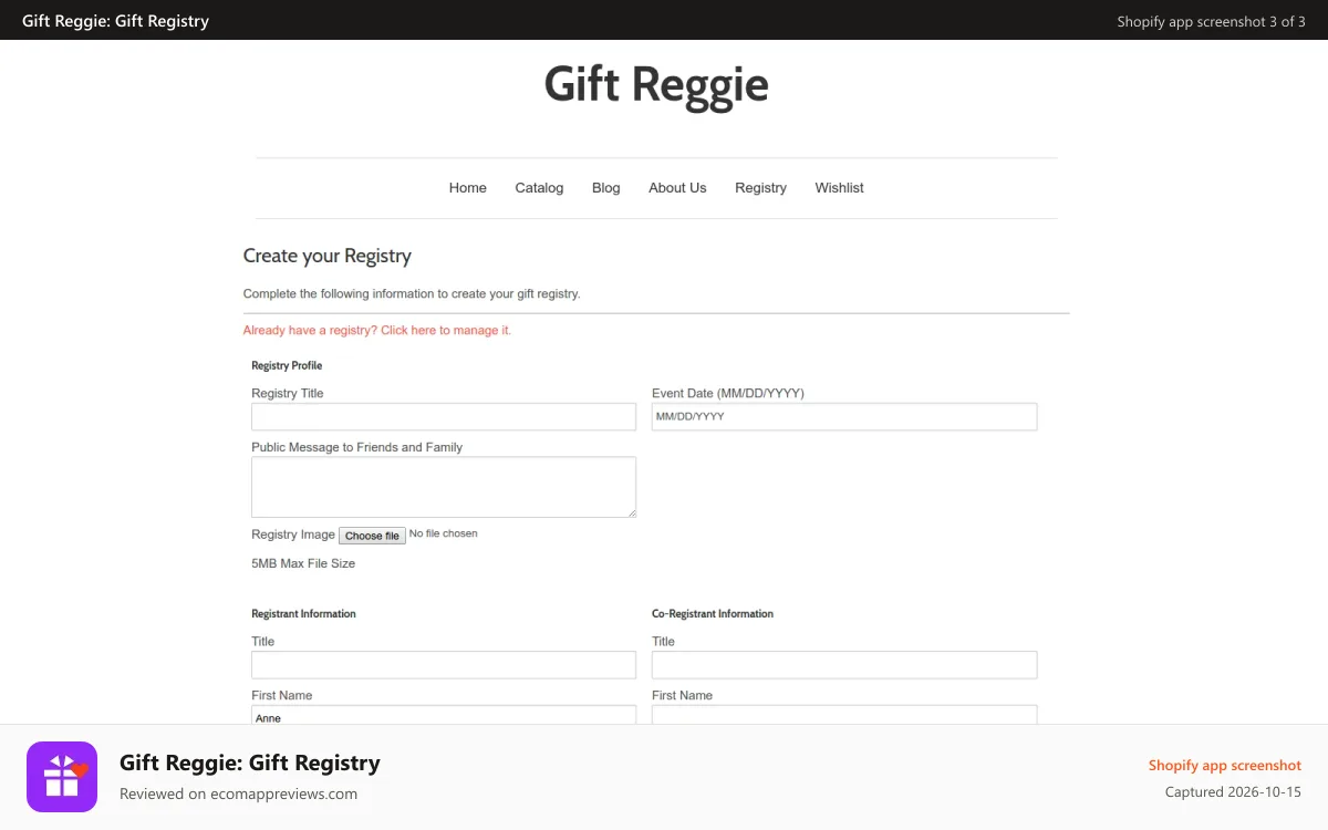 Gift Reggie: Gift Registry Shopify app screenshot: Simple create form to get started