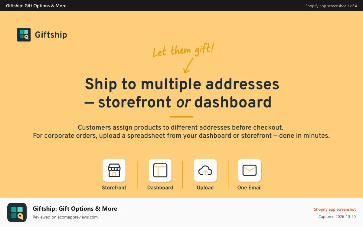 Giftship: Gift Options & More Shopify app screenshot: Feature Product Options, Cart Options, Checkout Options.