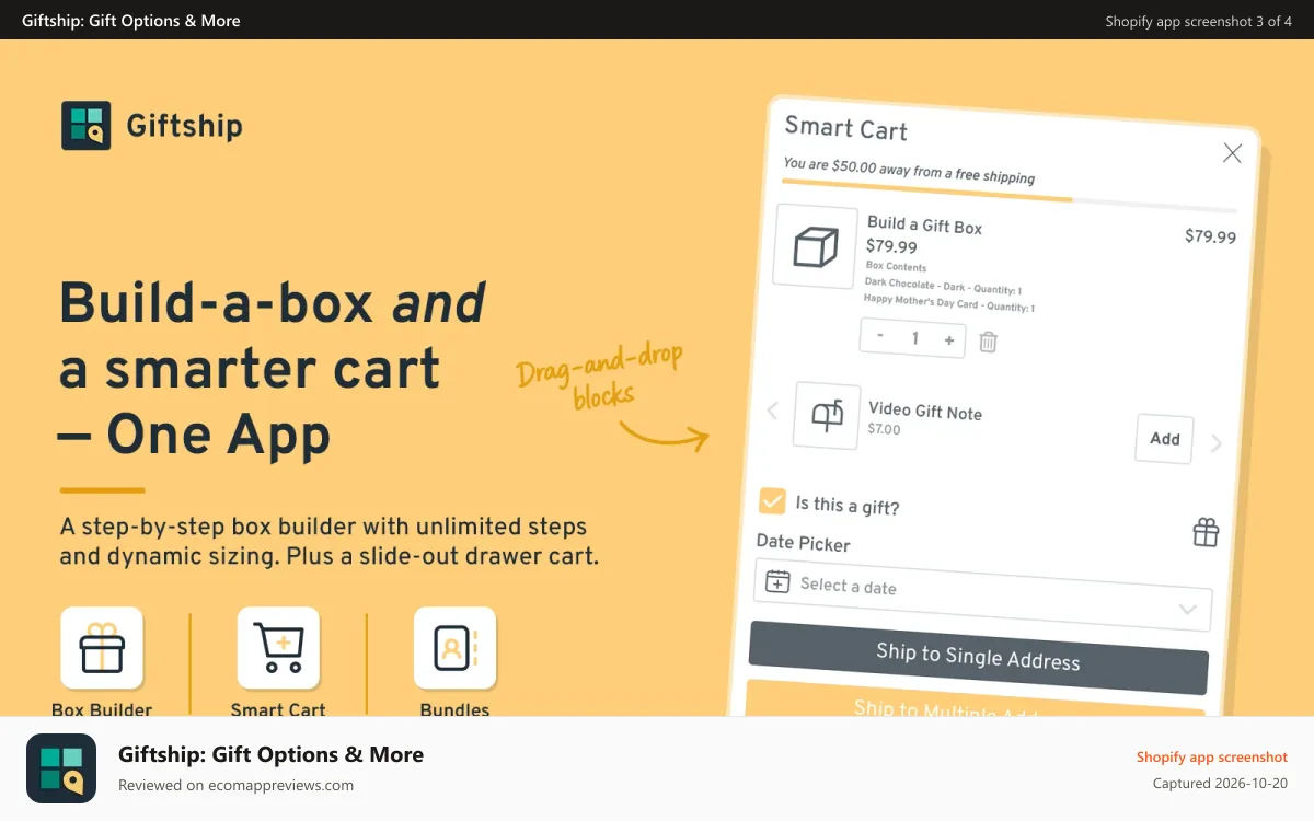 Giftship: Gift Options & More Shopify app screenshot: Give a better experience with a drawer slide cart with upsells.