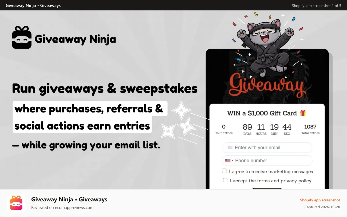 Giveaway Ninja • Giveaways Shopify app screenshot: Giveaway Ninja - Run a Giveaway on your Shopify Store