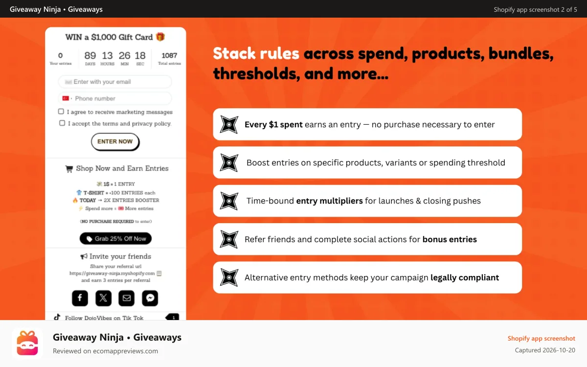 Giveaway Ninja • Giveaways Shopify app screenshot: Various contest entry points - referrals, purchases