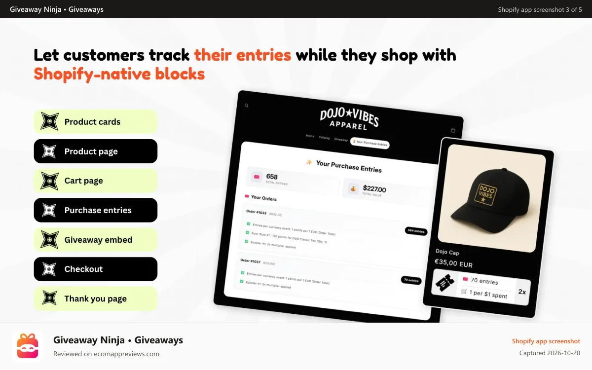 Giveaway Ninja • Giveaways Shopify app screenshot: Purchase-based giveaways and entries visible while shopping