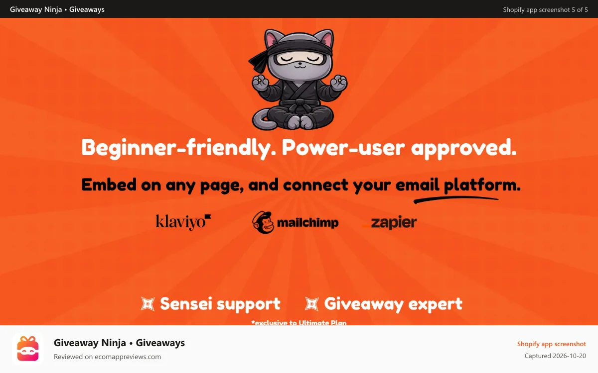 Giveaway Ninja • Giveaways Shopify app screenshot: Shopify-native embed, Klaviyo integration, and Sweepstakes