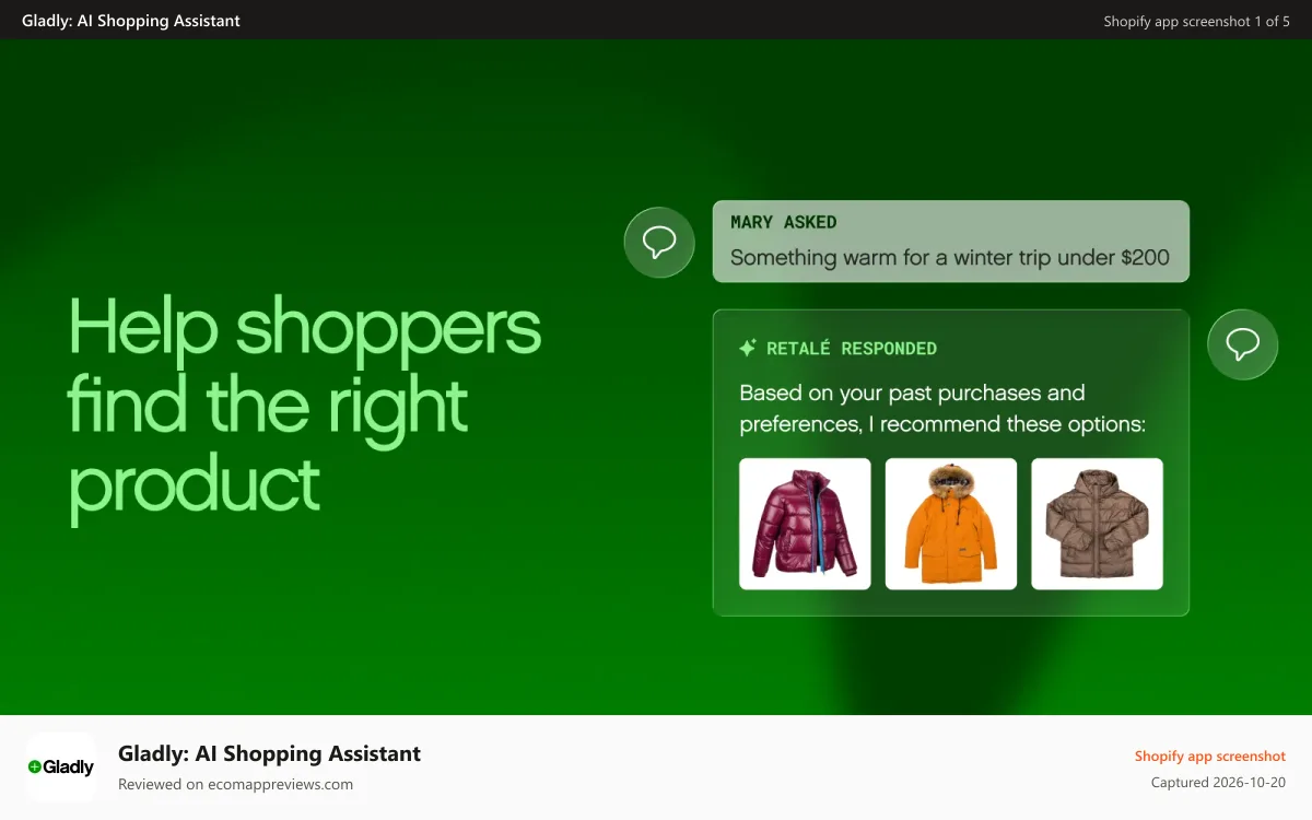 Gladly: AI Shopping Assistant Shopify app screenshot: Personalized product picks from shopper requests and history