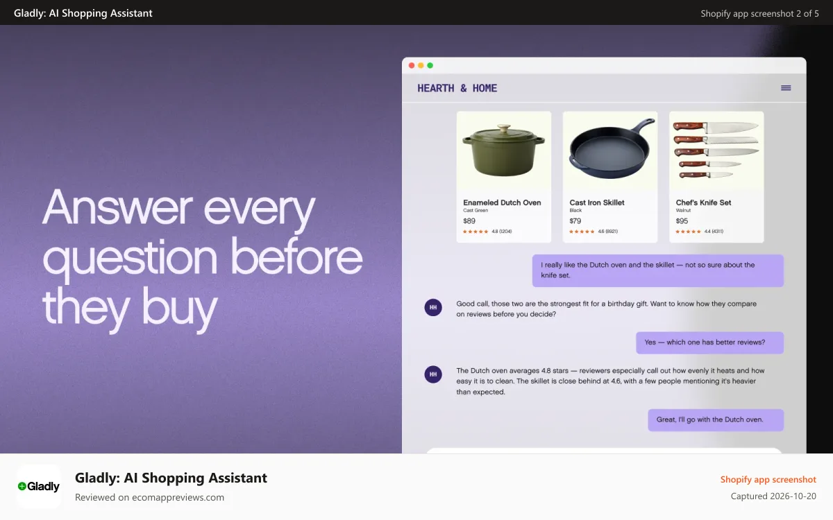 Gladly: AI Shopping Assistant Shopify app screenshot: AI answers product questions instantly to help shoppers decide