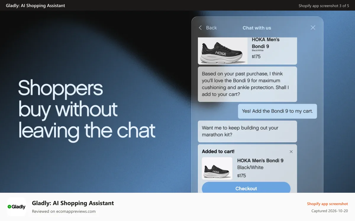 Gladly: AI Shopping Assistant Shopify app screenshot: Shoppers get recommendations and add to cart right in chat