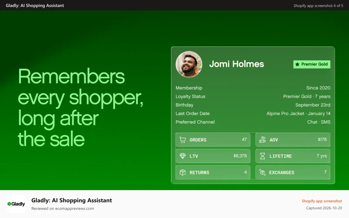 Gladly: AI Shopping Assistant Shopify app screenshot: Every conversation builds on full customer and order history