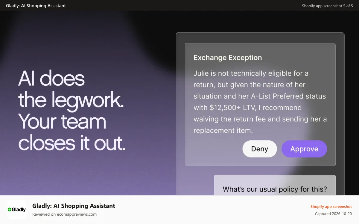 Gladly: AI Shopping Assistant Shopify app screenshot: AI handles busywork and hands your team the final decision