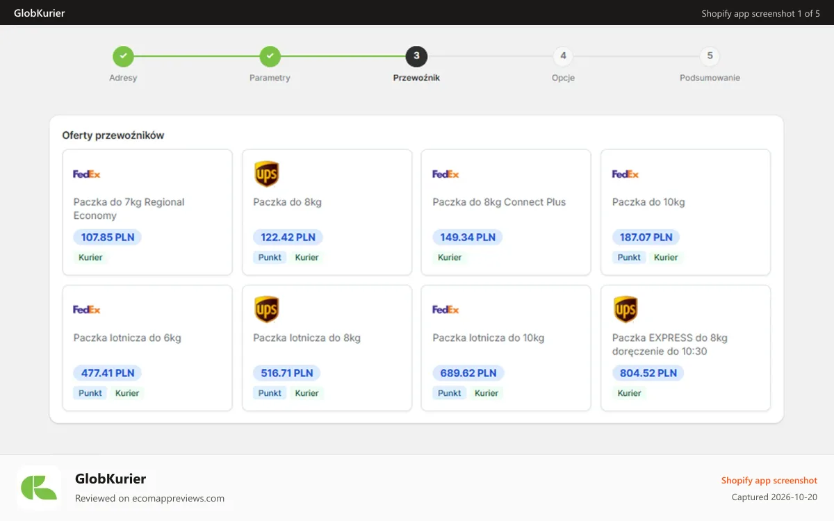 GlobKurier Shopify app screenshot: On-line price comparison of shipment, selection of the cheapest
