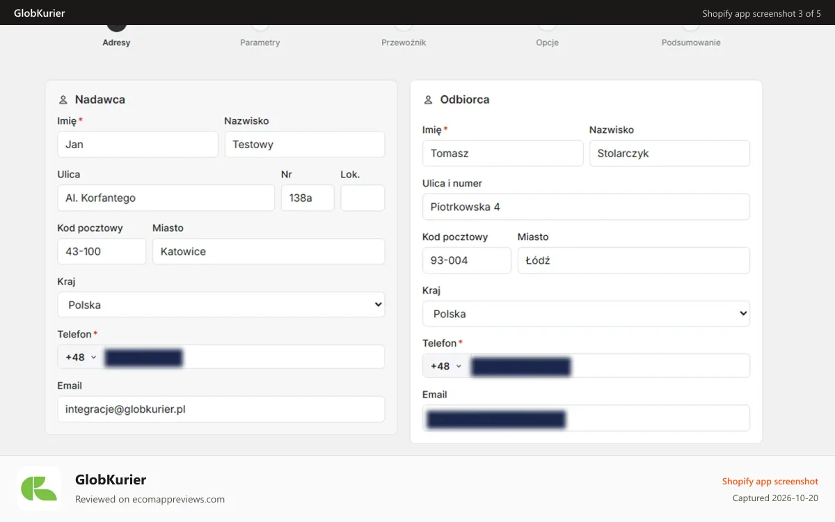 GlobKurier Shopify app screenshot: Import transaction data from order
