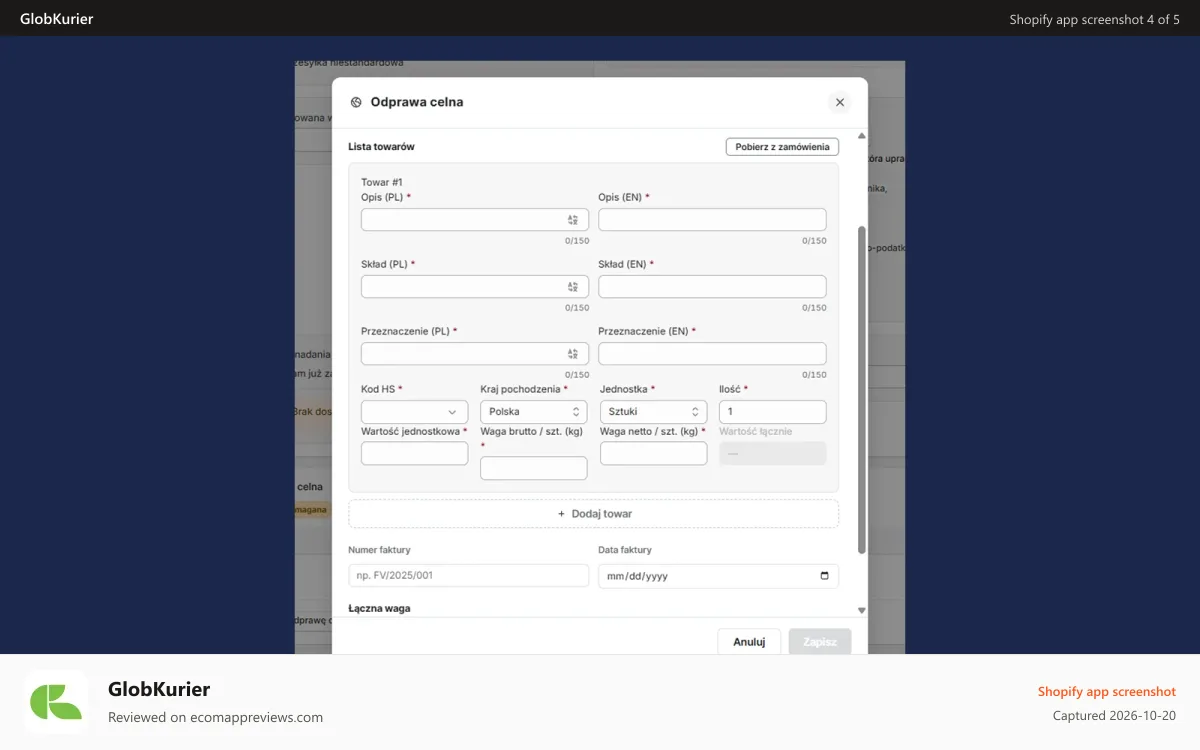 GlobKurier Shopify app screenshot: Customs possible inside the app