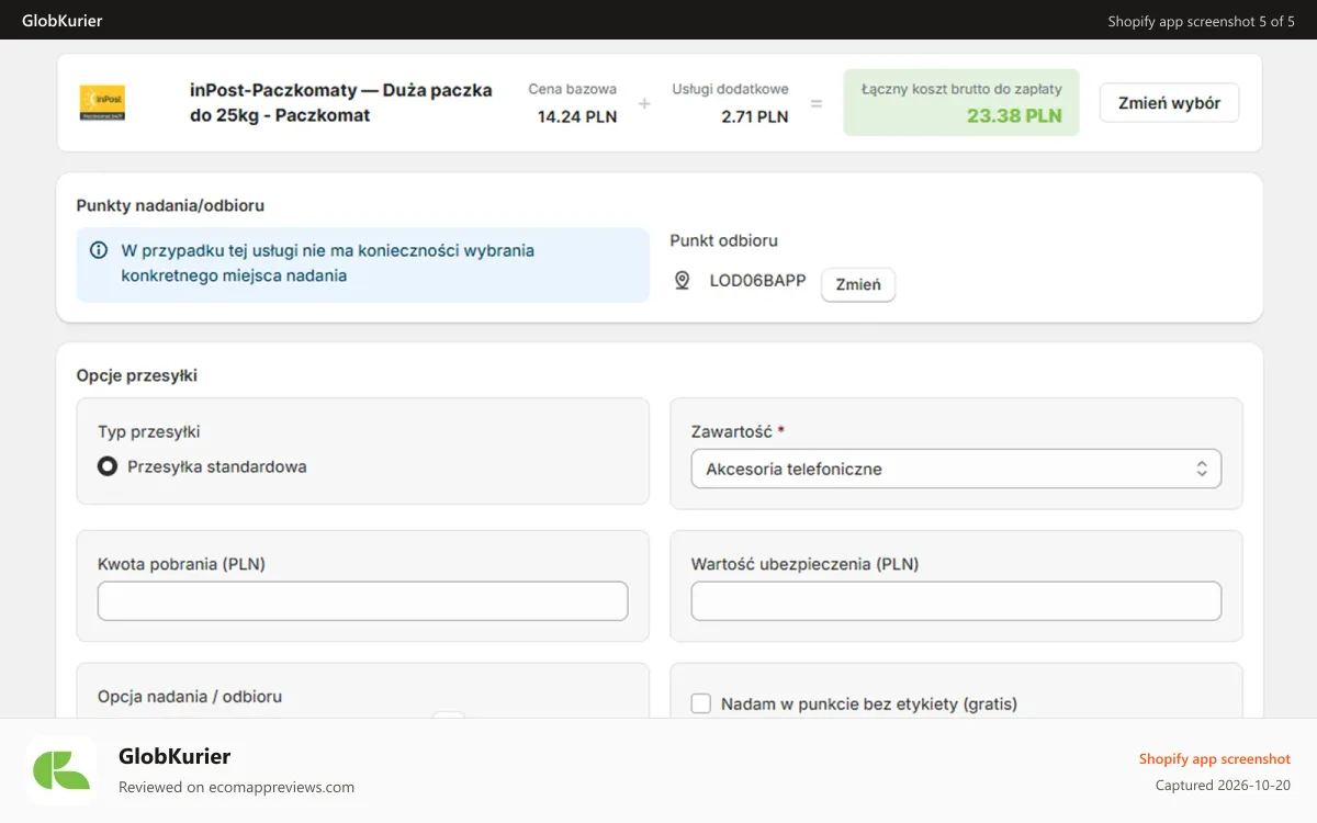 GlobKurier Shopify app screenshot: Dynamic price changes depending on the package addons