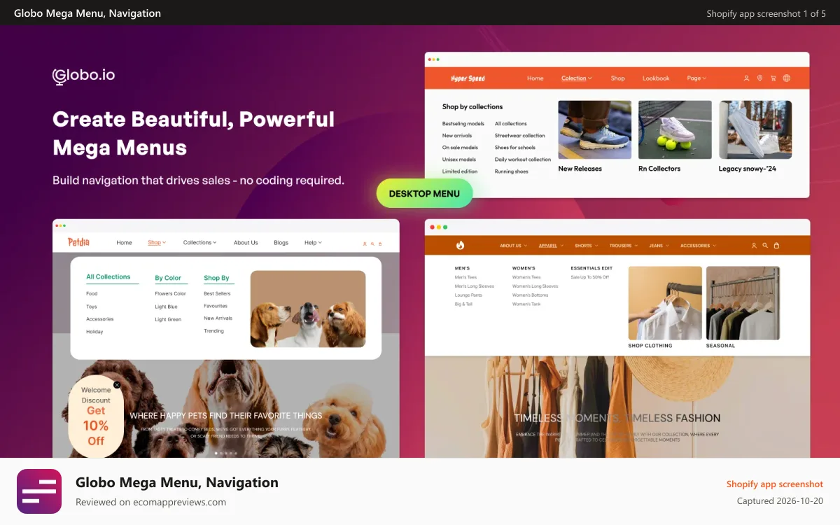 Globo Mega Menu, Navigation Shopify app screenshot: Shopify mega menu, Globo Mega Menu