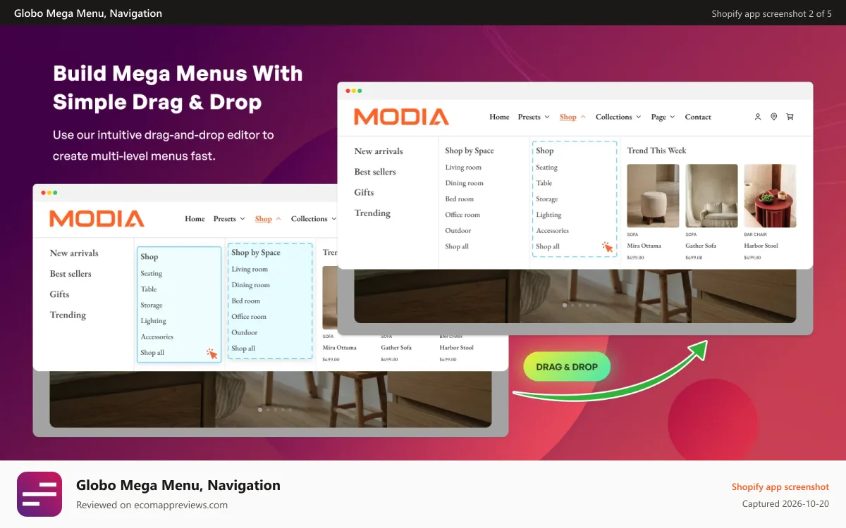 Globo Mega Menu, Navigation Shopify app screenshot: Design menu with Drag and drop editor