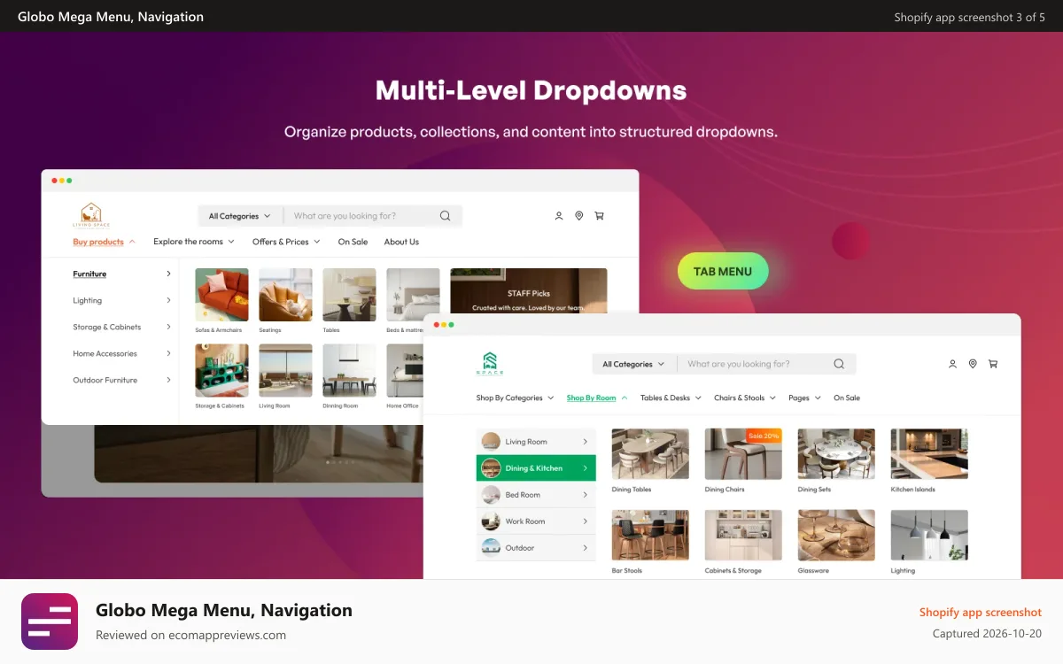 Globo Mega Menu, Navigation Shopify app screenshot: Unlimited dropdown menu levels, filter menu
