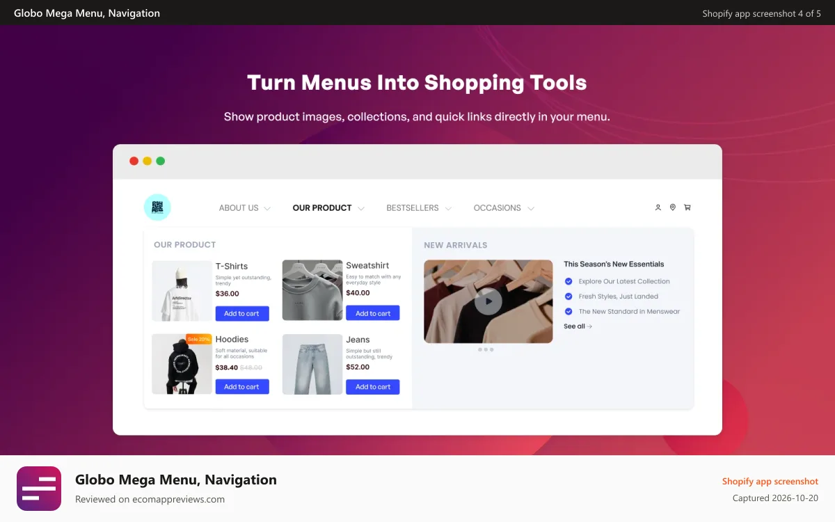 Globo Mega Menu, Navigation Shopify app screenshot: Multiple layouts for products in Mega Menu