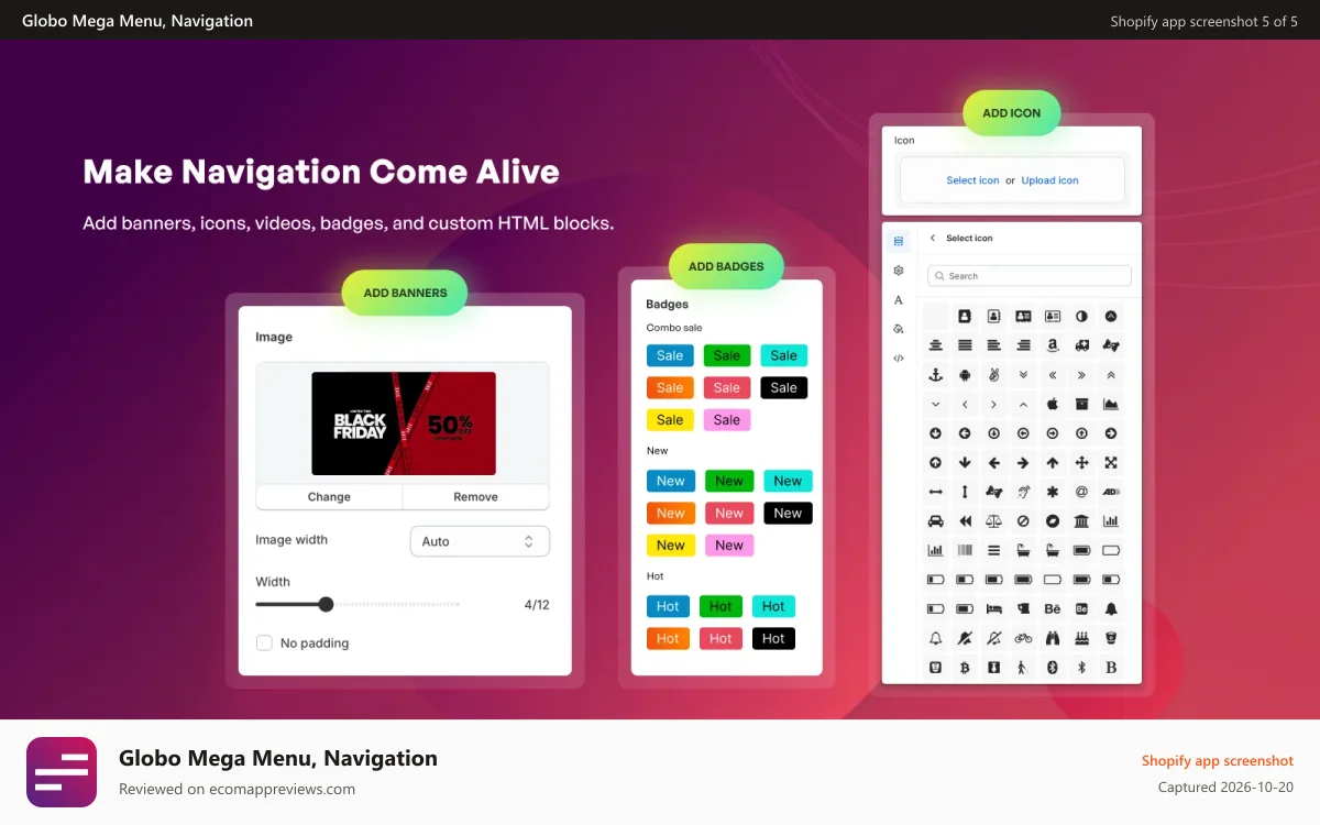 Globo Mega Menu, Navigation Shopify app screenshot: block links, product in menu, banner image, tab