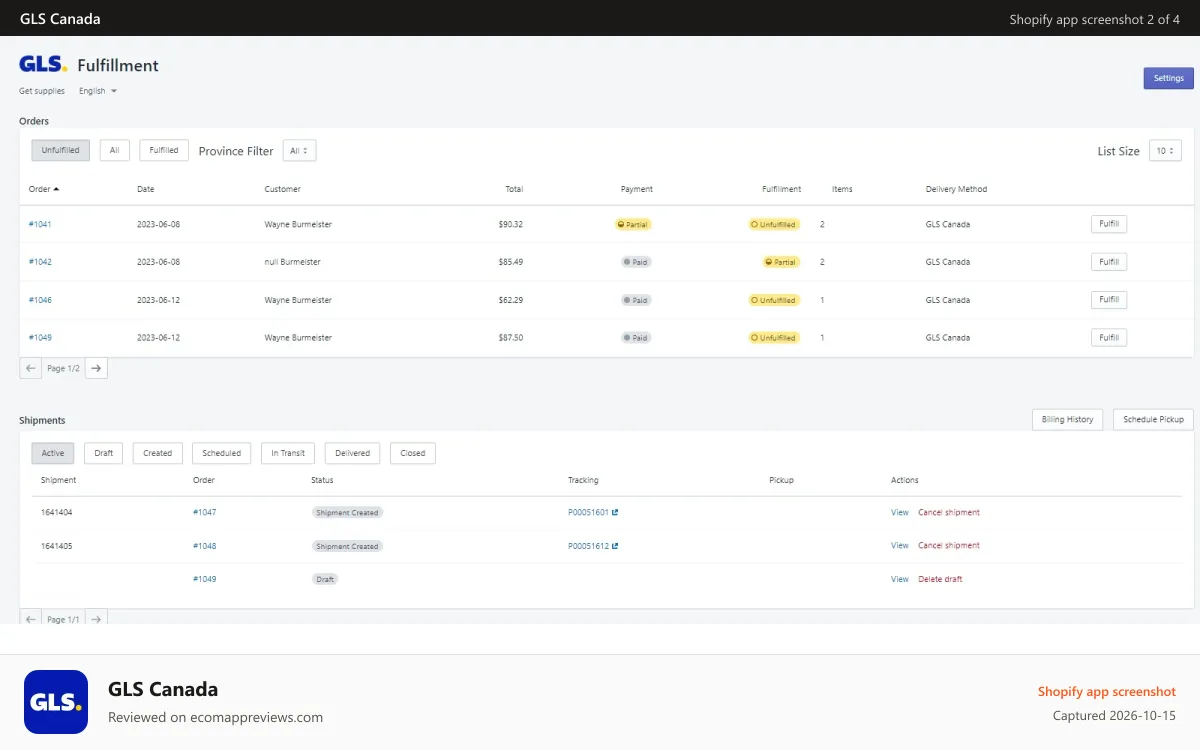GLS Canada Shopify app screenshot: Main Screen, list of orders and list of shipments