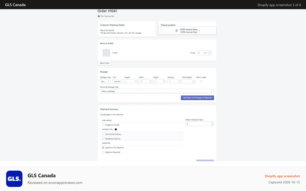 GLS Canada Shopify app screenshot: Fulfill order, add items to packages and create fulfillment