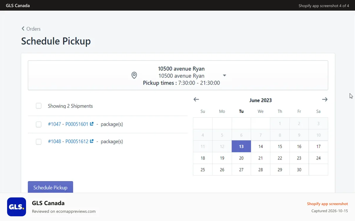 GLS Canada Shopify app screenshot: Schedule Pickup, select the pickup date