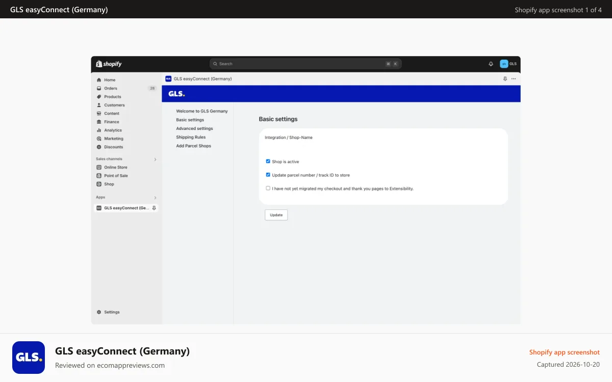 GLS easyConnect (Germany) Shopify app screenshot: General settings for GLS easyConnect in Shopify.