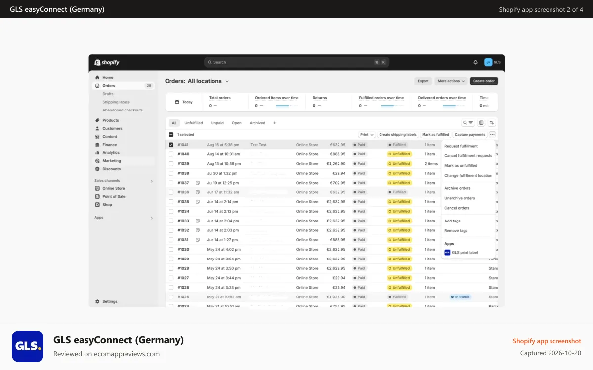 GLS easyConnect (Germany) Shopify app screenshot: Overview of all orders in Shopify with GLS easyConnect.