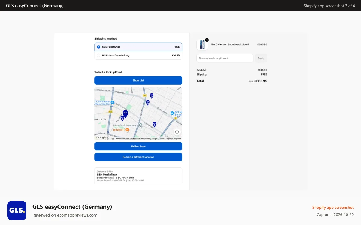 GLS easyConnect (Germany) Shopify app screenshot: Checkout with GLS Germany in Shopify (Plus)
