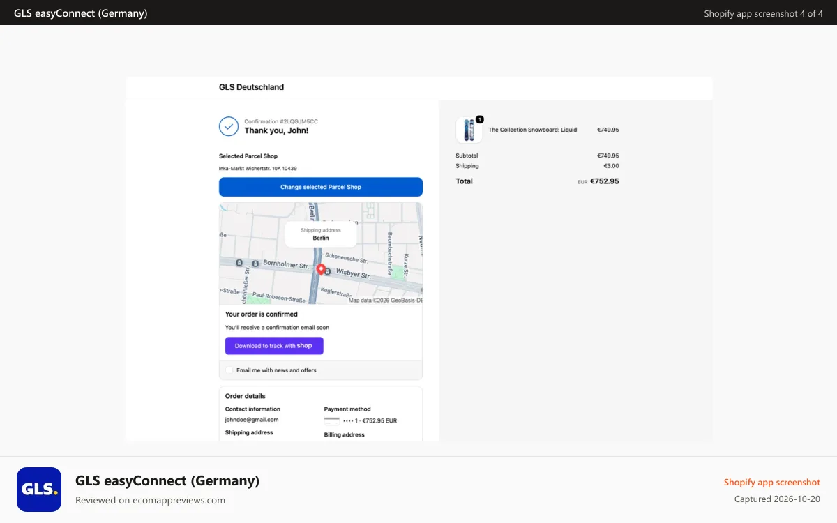 GLS easyConnect (Germany) Shopify app screenshot: Thank you Pickup Point Page GLS Germany