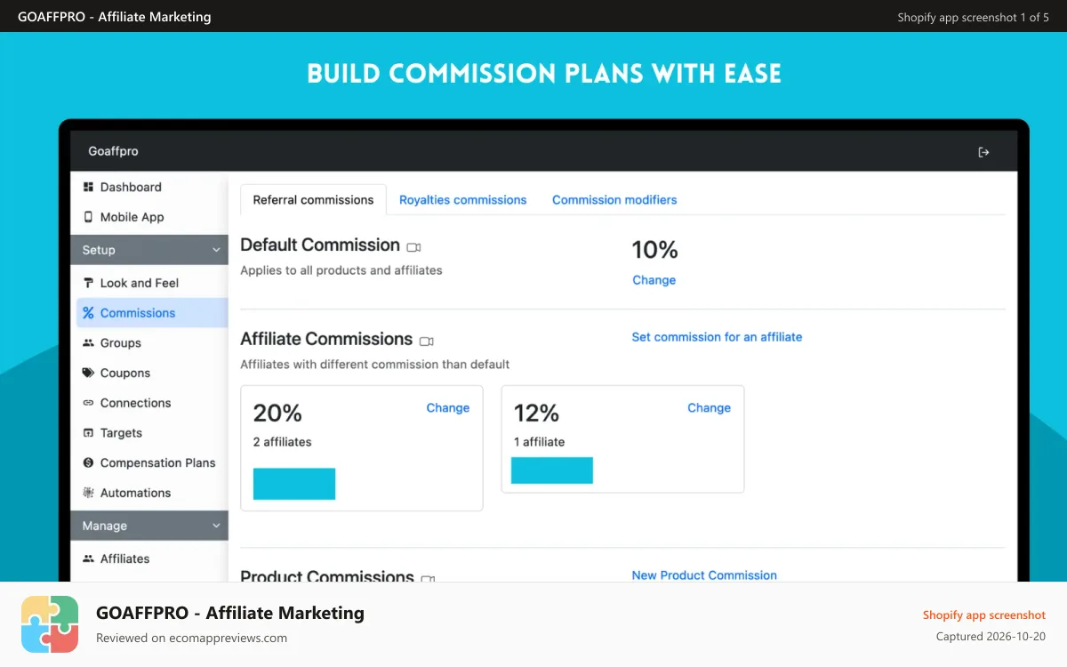 GOAFFPRO ‑ Affiliate Marketing Shopify app screenshot: Set commissions for your products