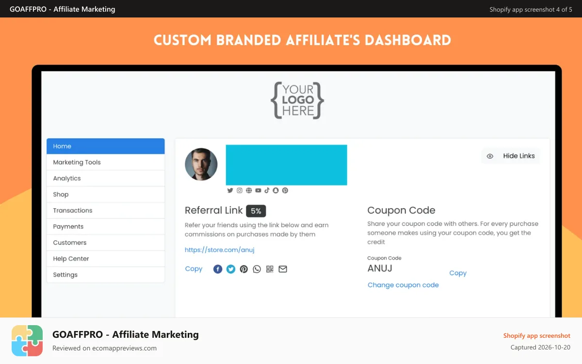 GOAFFPRO ‑ Affiliate Marketing Shopify app screenshot: CUSTOM BRANDED AFFILIATE PORTAL